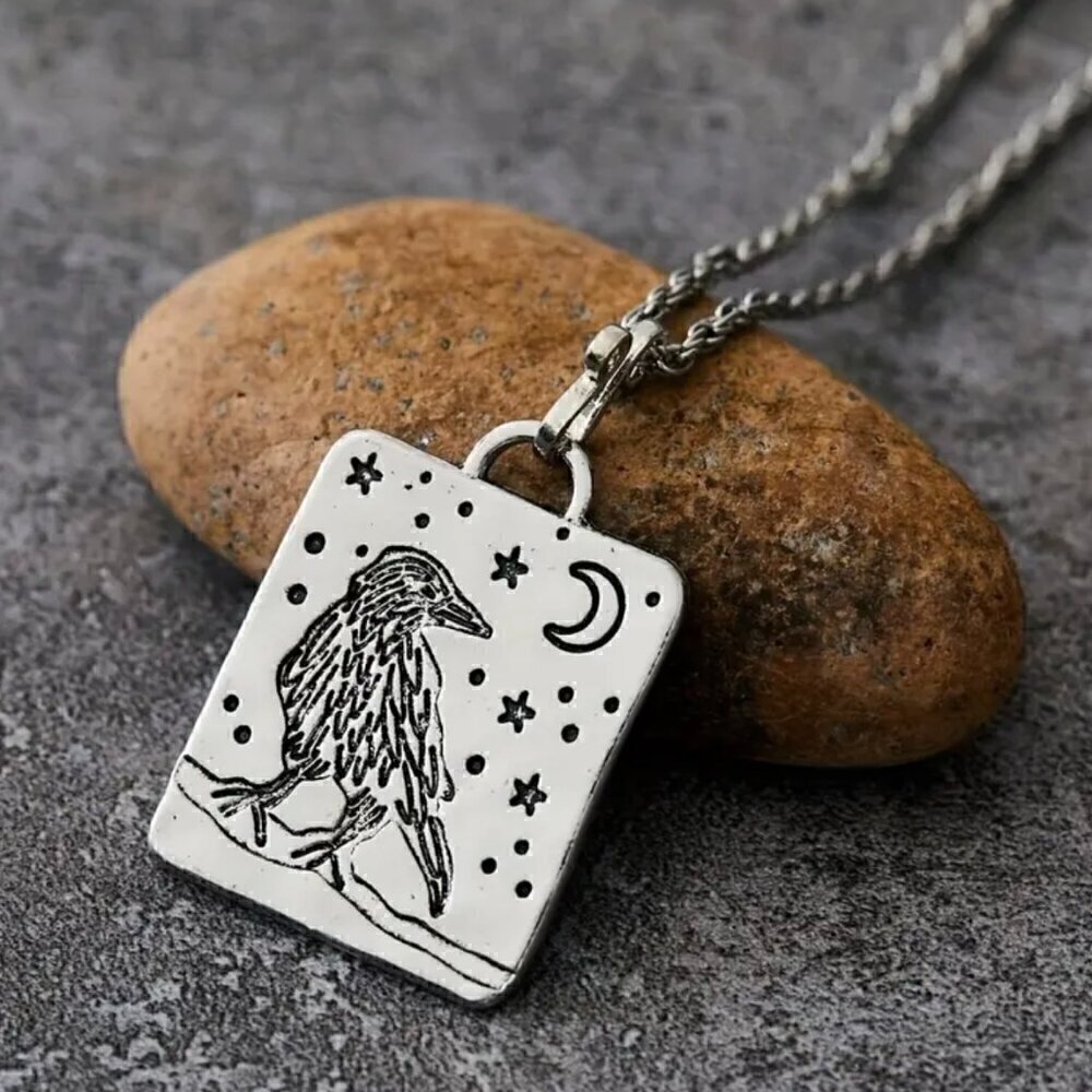 Large Raven with Crescent Moon Pendant and Necklace #1339